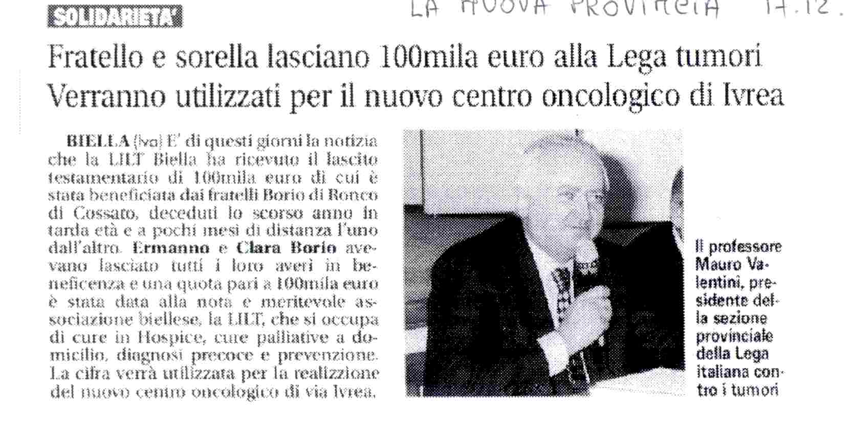 FRATELLO E SORELLA LASCIANO 100MILA EURO ALLA LEGA TUMORI