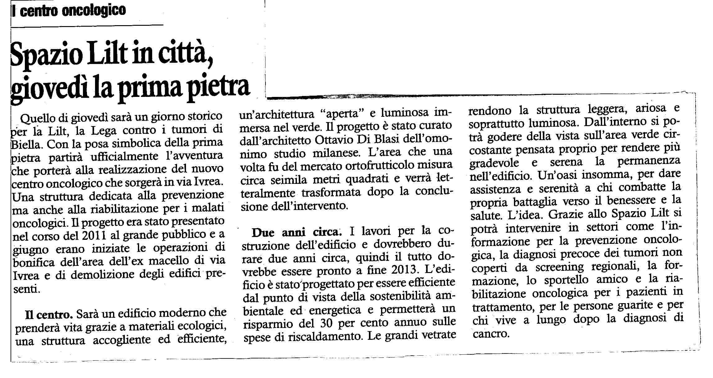 Spazio Lilt in città, giovedi’ la prima pietra