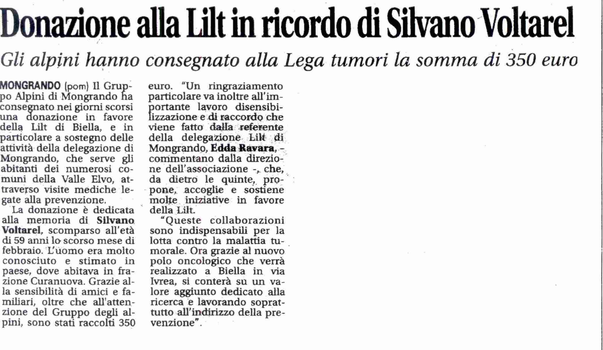 Donazione alla Lilt in Ricordo di Silvano Voltarel