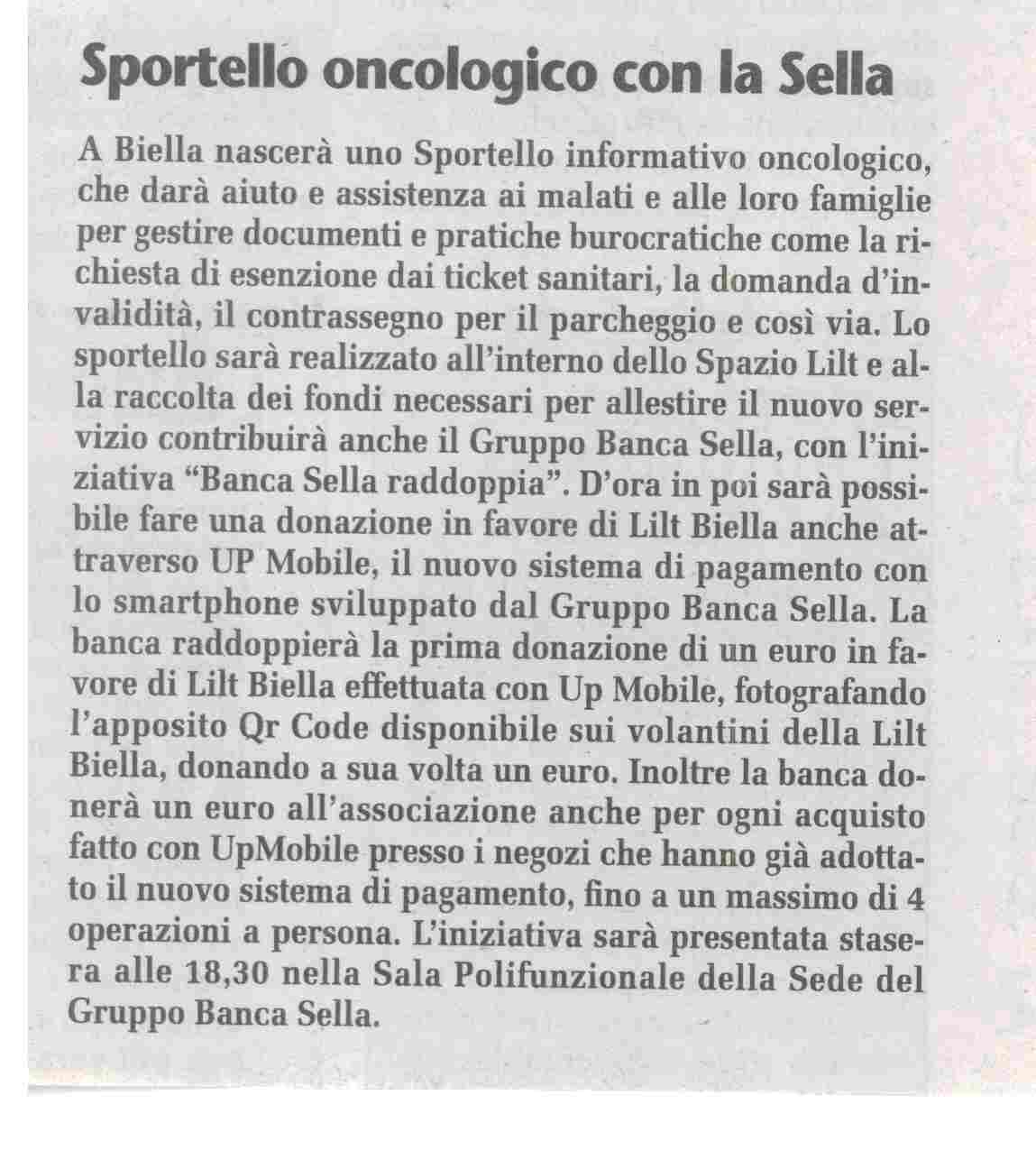 Sportello oncologico: Lilt e Banca Sella insieme per La lotta ai tumori